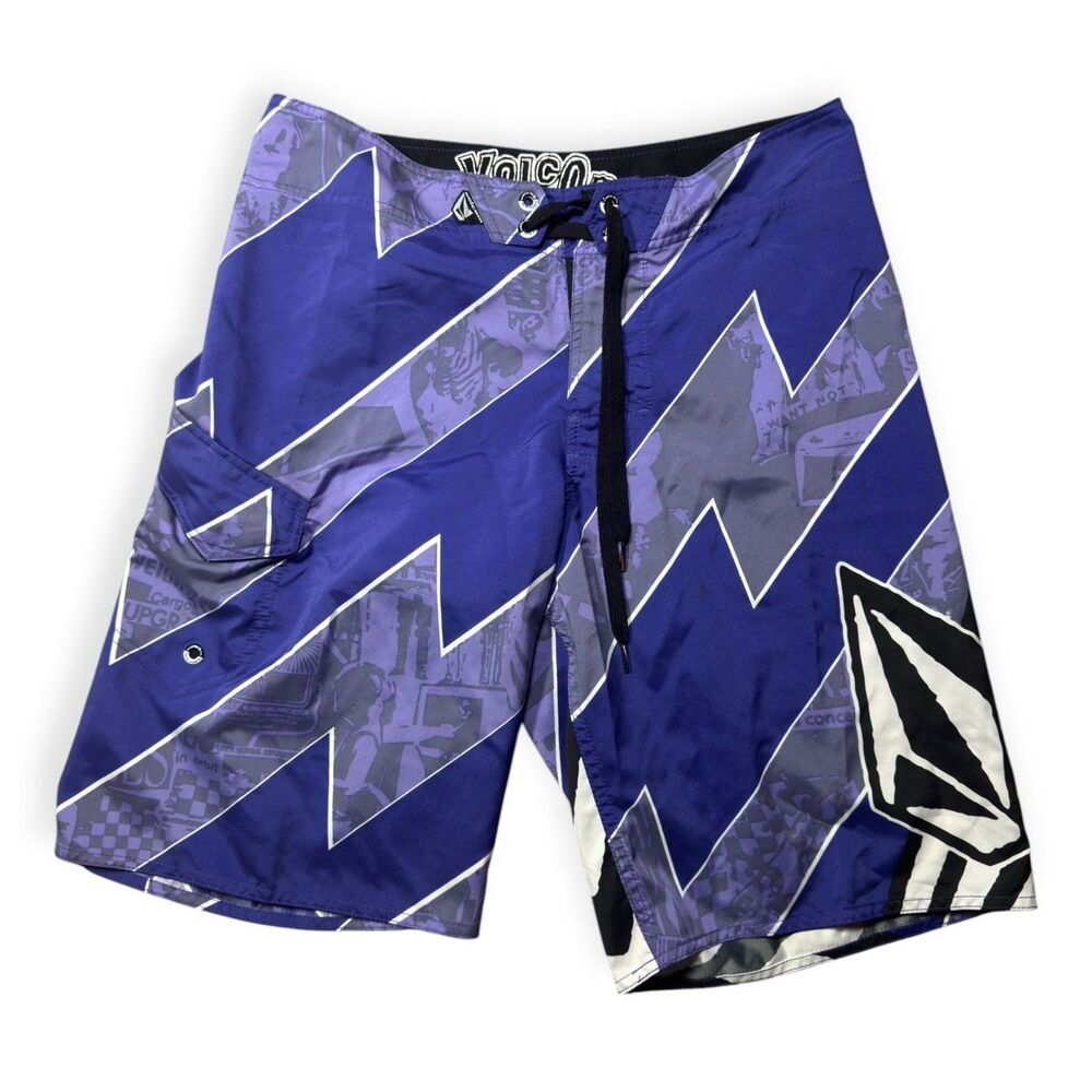 Volcom Purple Board Shorts Size 32 Geometric Print Swim Wear Retro Beach Shorts